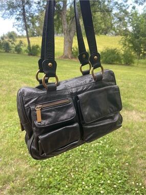 HOBO Black Leather Hobo Shoulder Bag with Front Pockets